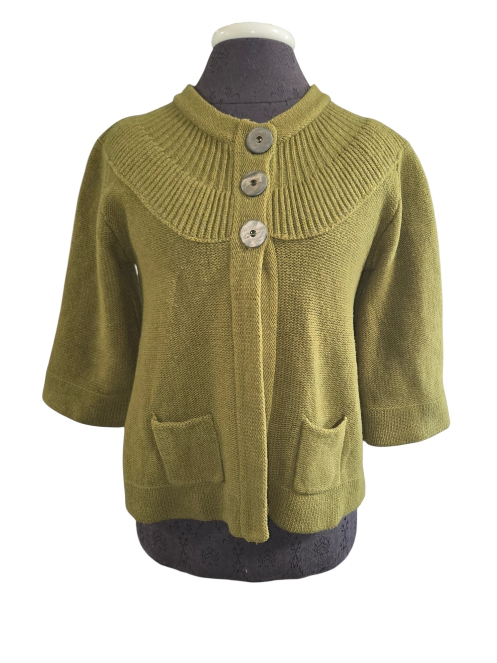 Sundance Olice Green Chunky cardigan sweater M lambswool Big Buttons 3/4 sleeve